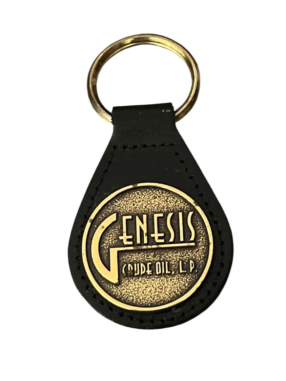 Genesis Crude Oil Stitched Leather Key Fob Gold Tone Metal Medallion Key Holder